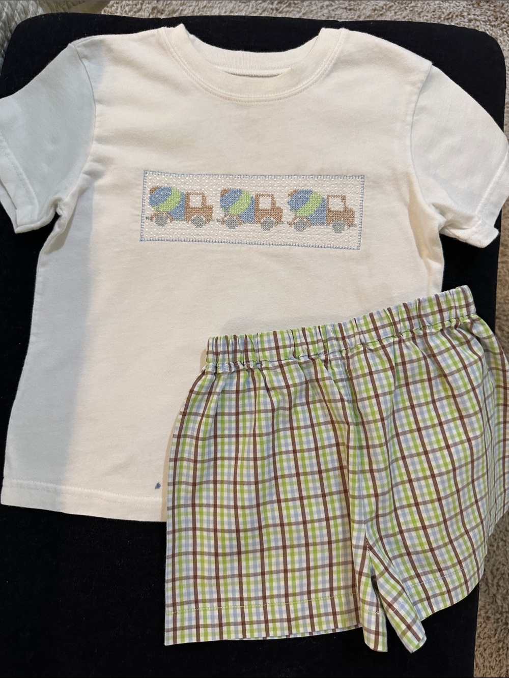 Cream Kids Tee and Plaid Shorts Set with Truck Embroidery